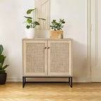 COZONY Aparador rústico de 2 puertas con ratán, mueble auxiliar, mesa consola rústica con almacenamiento, alacena de cocina multifuncional