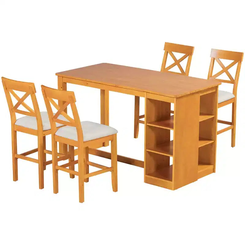 Juego de comedor de altura de mostrador de 5 piezas estilo rústico para 4 personas, juego de mesa de bar de madera con estantes de almacenamiento y 4 sillas tapizadas