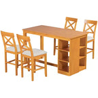 Juego de comedor de altura de mostrador de 5 piezas estilo rústico para 4 personas, juego de mesa de bar de madera con estantes de almacenamiento y 4 sillas tapizadas