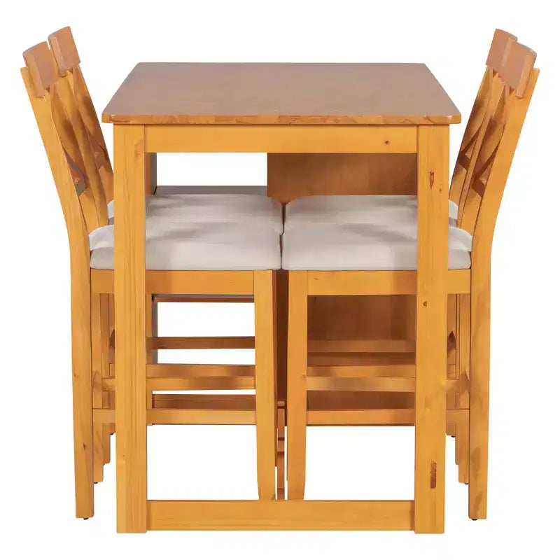 Juego de comedor de altura de mostrador de 5 piezas estilo rústico para 4 personas, juego de mesa de bar de madera con estantes de almacenamiento y 4 sillas tapizadas