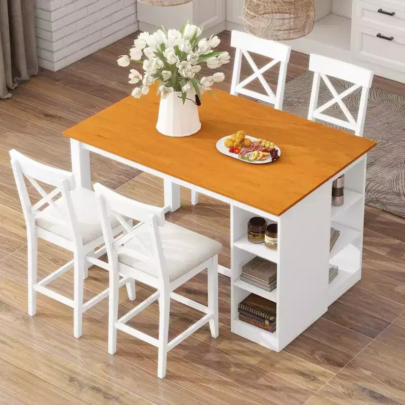 Juego de comedor de altura de mostrador de 5 piezas estilo rústico para 4 personas, juego de mesa de bar de madera con estantes de almacenamiento y 4 sillas tapizadas
