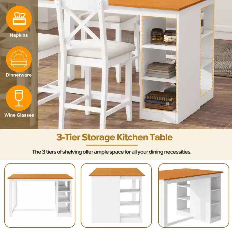 Juego de comedor de altura de mostrador de 5 piezas estilo rústico para 4 personas, juego de mesa de bar de madera con estantes de almacenamiento y 4 sillas tapizadas
