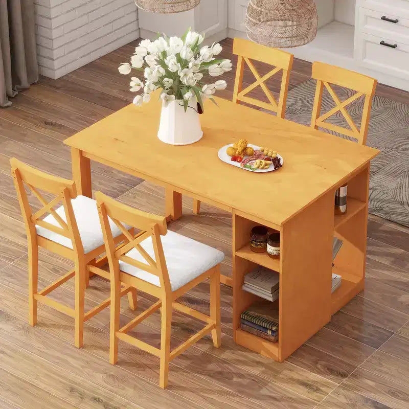 Juego de comedor de altura de mostrador de 5 piezas estilo rústico para 4 personas, juego de mesa de bar de madera con estantes de almacenamiento y 4 sillas tapizadas