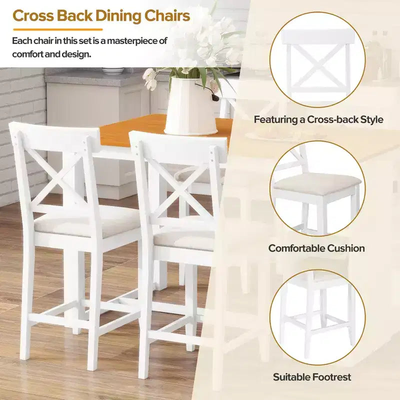 Juego de comedor de altura de mostrador de 5 piezas estilo rústico para 4 personas, juego de mesa de bar de madera con estantes de almacenamiento y 4 sillas tapizadas