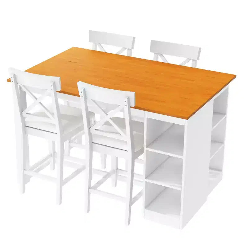 Juego de comedor de altura de mostrador de 5 piezas estilo rústico para 4 personas, juego de mesa de bar de madera con estantes de almacenamiento y 4 sillas tapizadas