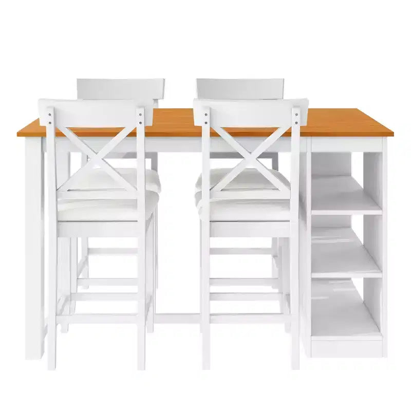 Juego de comedor de altura de mostrador de 5 piezas estilo rústico para 4 personas, juego de mesa de bar de madera con estantes de almacenamiento y 4 sillas tapizadas