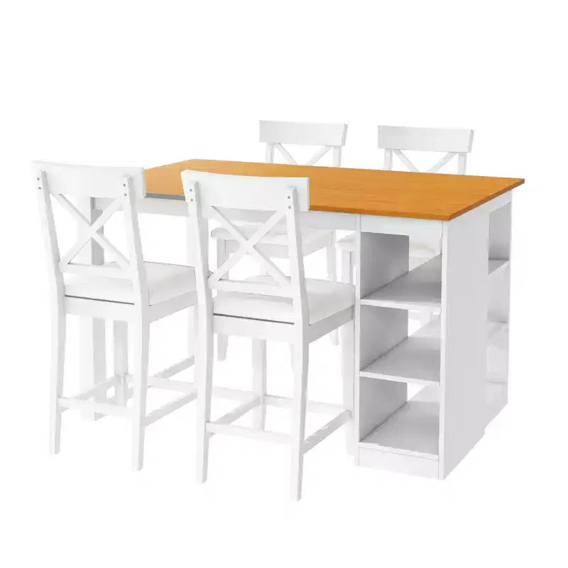 Juego de comedor de altura de mostrador de 5 piezas estilo rústico para 4 personas, juego de mesa de bar de madera con estantes de almacenamiento y 4 sillas tapizadas