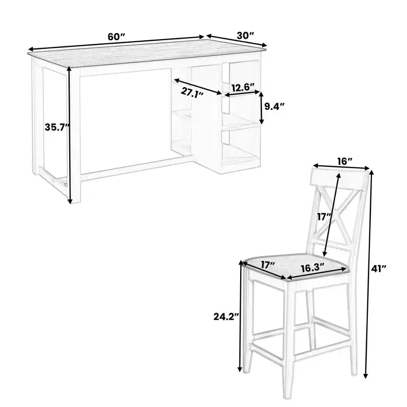 Juego de comedor de altura de mostrador de 5 piezas estilo rústico para 4 personas, juego de mesa de bar de madera con estantes de almacenamiento y 4 sillas tapizadas