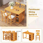 Juego de comedor de altura de mostrador de 5 piezas estilo rústico para 4 personas, juego de mesa de bar de madera con estantes de almacenamiento y 4 sillas tapizadas