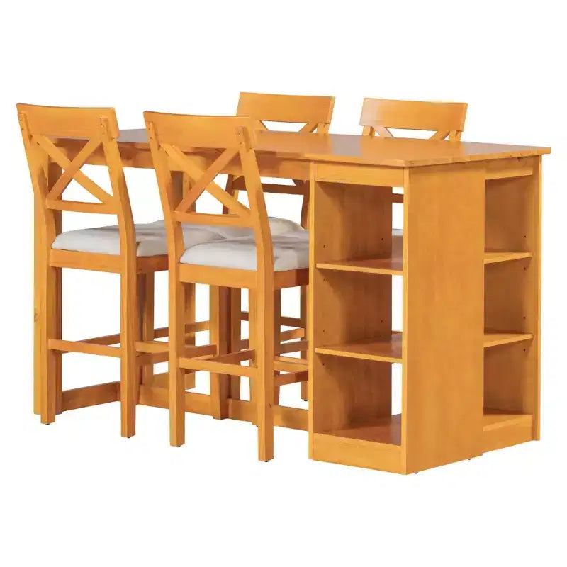 Juego de comedor de altura de mostrador de 5 piezas estilo rústico para 4 personas, juego de mesa de bar de madera con estantes de almacenamiento y 4 sillas tapizadas