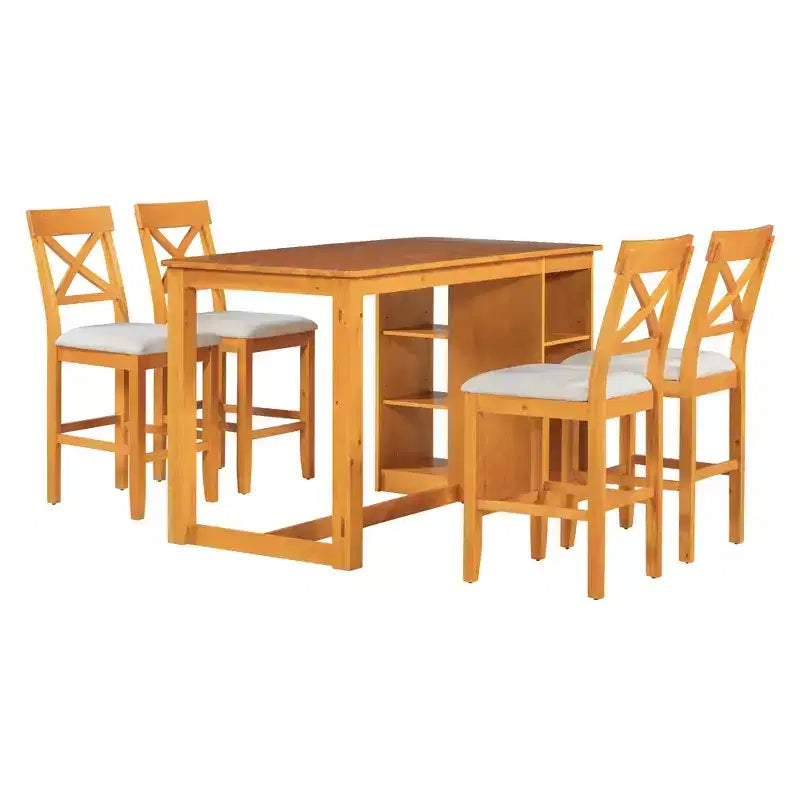 Juego de comedor de altura de mostrador de 5 piezas estilo rústico para 4 personas, juego de mesa de bar de madera con estantes de almacenamiento y 4 sillas tapizadas