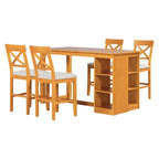 Juego de comedor de altura de mostrador de 5 piezas estilo rústico para 4 personas, juego de mesa de bar de madera con estantes de almacenamiento y 4 sillas tapizadas