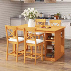 Farmhouse 5 Pieces Counter Height Dining Set for 4, Wooden Bar Table Set with Storage Shelves and 4 Upholstered Chairs