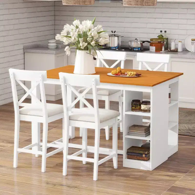 Juego de comedor de altura de mostrador de 5 piezas estilo rústico para 4 personas, juego de mesa de bar de madera con estantes de almacenamiento y 4 sillas tapizadas