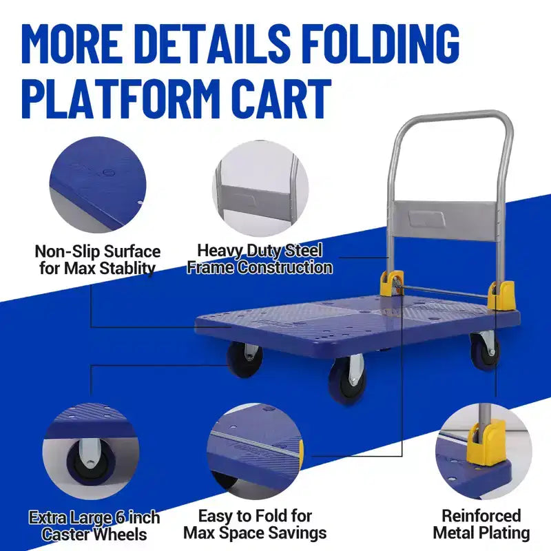 Carro de plataforma plegable de alta resistencia, carro de acero plano de 48 x 24 con ruedas de goma, capacidad de 2000 lb para almacén, oficina y taller