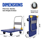 Carro de plataforma plegable de alta resistencia, carro de acero plano de 48 x 24 con ruedas de goma, capacidad de 2000 lb para almacén, oficina y taller