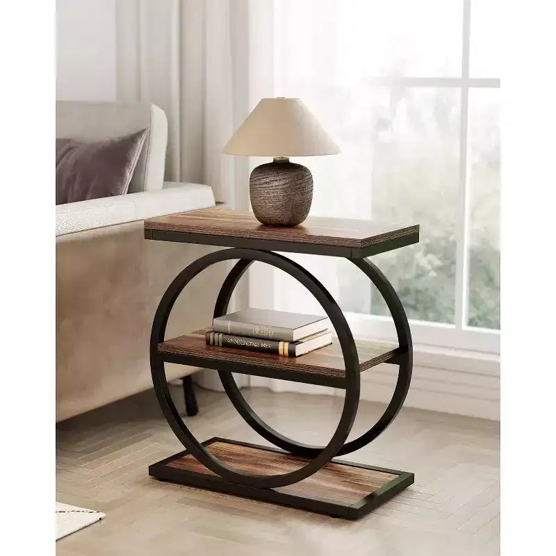 Mesa auxiliar Lantine, mesa auxiliar de 3 niveles, mesa auxiliar estrecha para sofá en sala de estar, mesita de noche alta para dormitorio, marrón rústico y negro