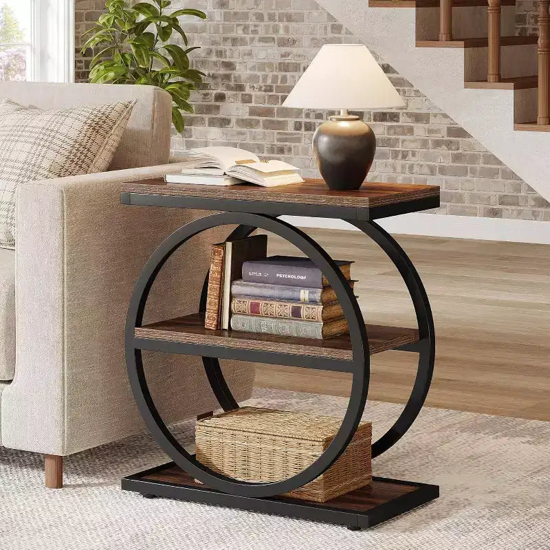 Mesa auxiliar estrecha Lantine con 3 estantes de almacenamiento, mesa auxiliar de sofá pequeña industrial con estructura de metal negro para sala de estar, mesita de noche delgada para dormitorio