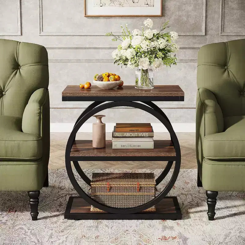 Mesa auxiliar estrecha Lantine con 3 estantes de almacenamiento, mesa auxiliar de sofá pequeña industrial con estructura de metal negro para sala de estar, mesita de noche delgada para dormitorio