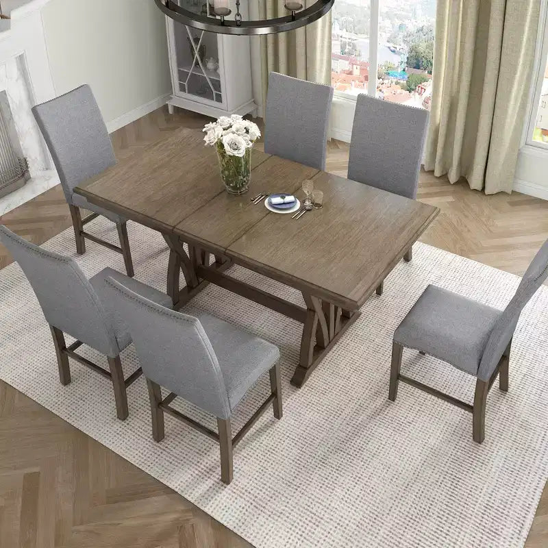 Juego de comedor extensible de 7 piezas para 6 personas, juego de mesa de cocina de granja con 6 sillas tapizadas para comedor, gris