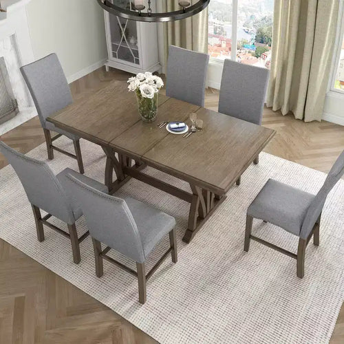 Juego de comedor extensible de 7 piezas para 6 personas, juego de mesa de cocina de granja con 6 sillas tapizadas para comedor, gris