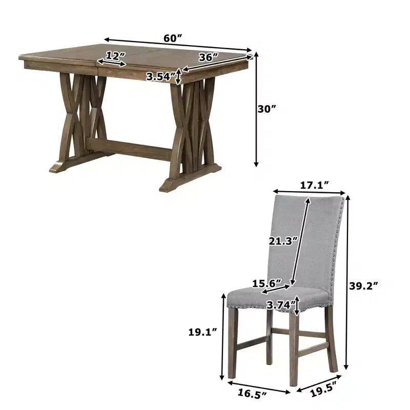 Juego de comedor extensible de 7 piezas para 6 personas, juego de mesa de cocina de granja con 6 sillas tapizadas para comedor, gris
