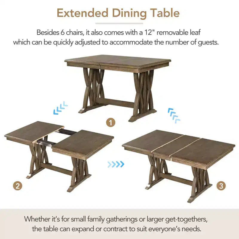 Juego de comedor extensible de 7 piezas para 6 personas, juego de mesa de cocina de granja con 6 sillas tapizadas para comedor, gris