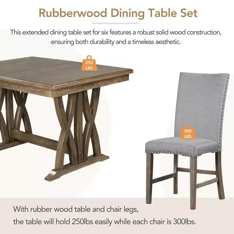 Juego de comedor extensible de 7 piezas para 6 personas, juego de mesa de cocina de granja con 6 sillas tapizadas para comedor, gris