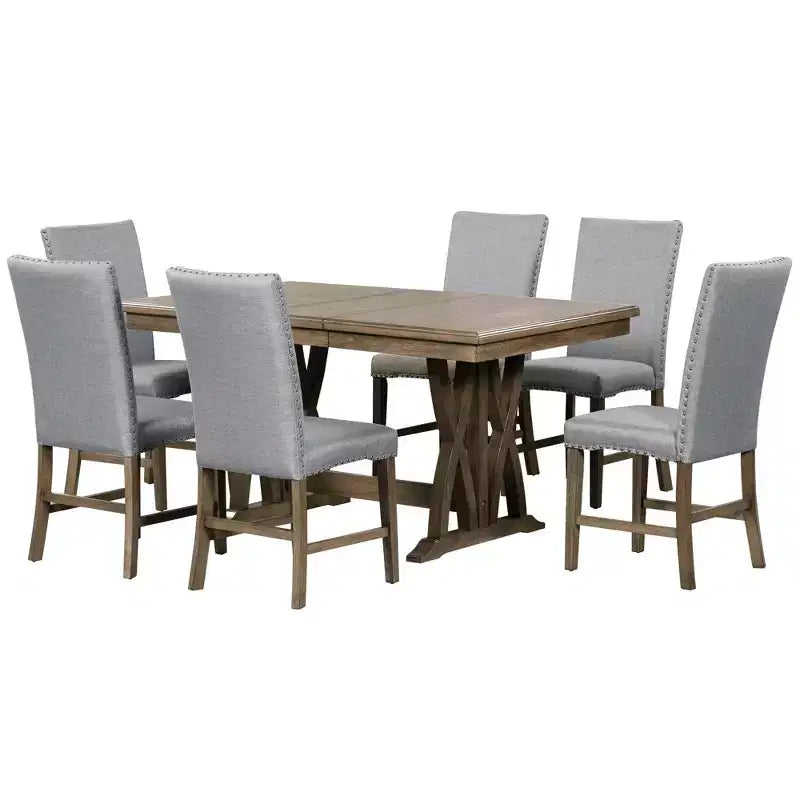 Juego de comedor extensible de 7 piezas para 6 personas, juego de mesa de cocina de granja con 6 sillas tapizadas para comedor, gris