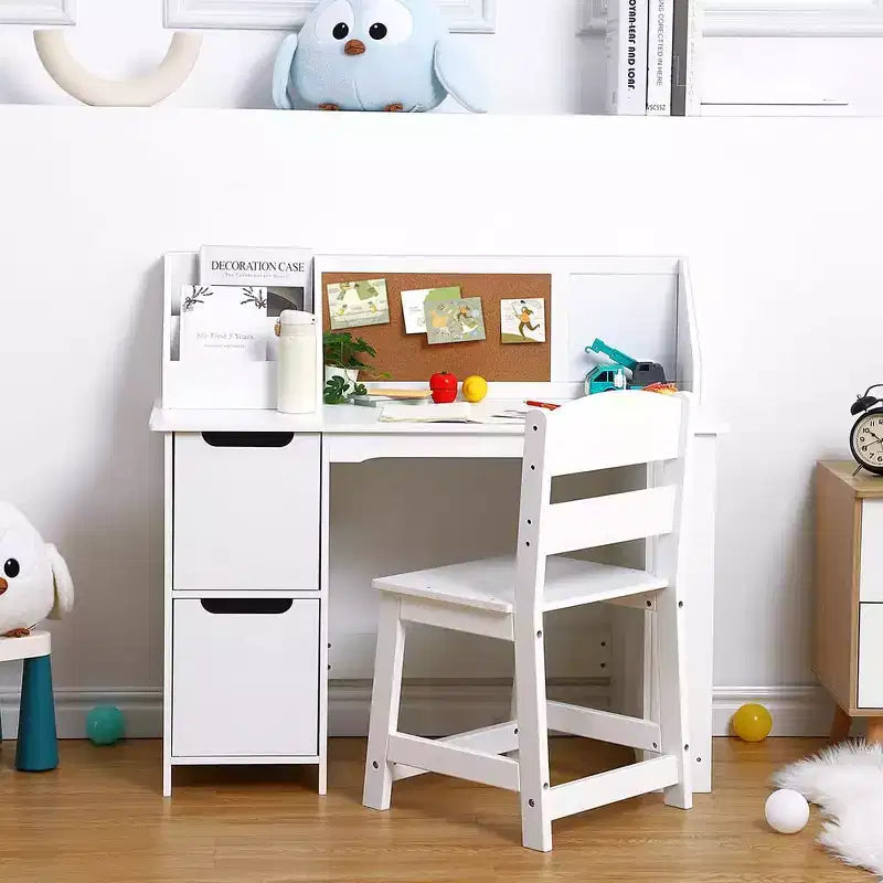 Juego de escritorio y silla para niños Mesa de estudio de madera con estante superior y tablón de anuncios para casa/escuela