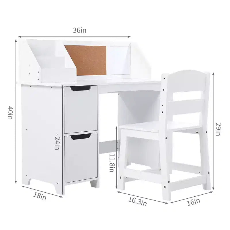 Juego de escritorio y silla para niños Mesa de estudio de madera con estante superior y tablón de anuncios para casa/escuela