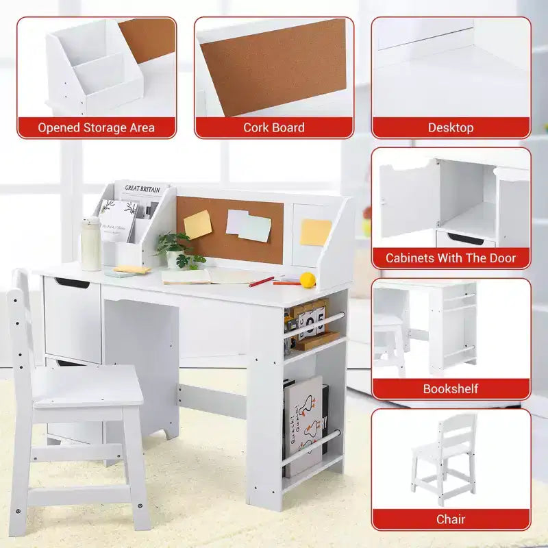 Juego de escritorio y silla para niños Mesa de estudio de madera con estante superior y tablón de anuncios para casa/escuela