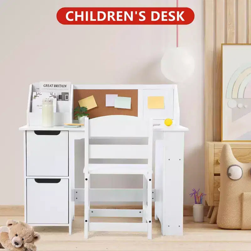 Juego de escritorio y silla para niños Mesa de estudio de madera con estante superior y tablón de anuncios para casa/escuela
