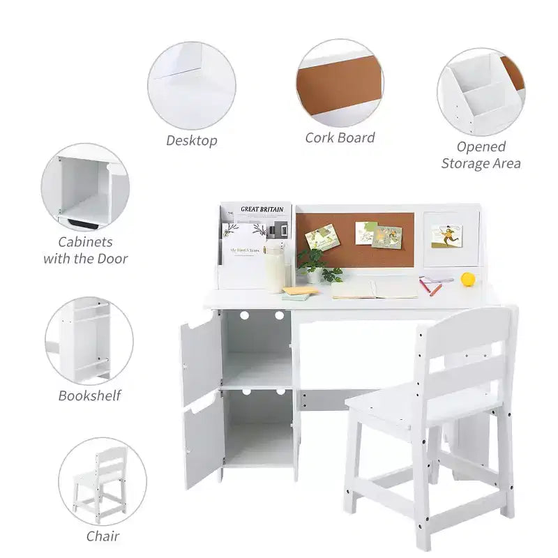 Juego de escritorio y silla para niños Mesa de estudio de madera con estante superior y tablón de anuncios para casa/escuela