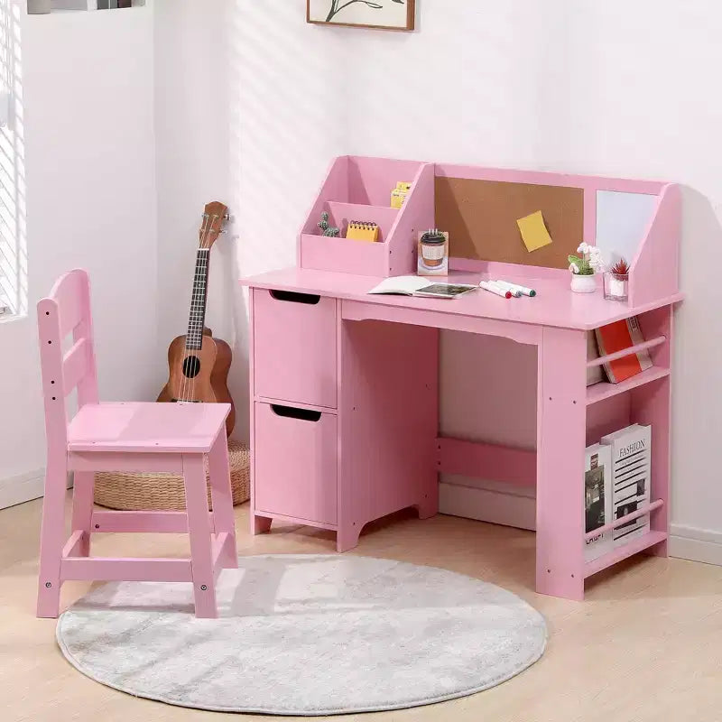 Juego de escritorio y silla para niños Mesa de estudio de madera con estante superior y tablón de anuncios para casa/escuela
