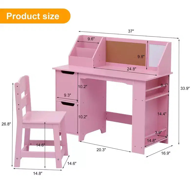 Juego de escritorio y silla para niños Mesa de estudio de madera con estante superior y tablón de anuncios para casa/escuela