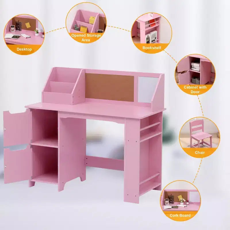 Juego de escritorio y silla para niños Mesa de estudio de madera con estante superior y tablón de anuncios para casa/escuela