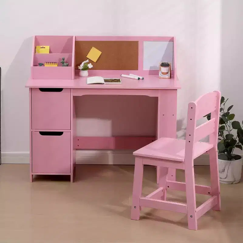 Juego de escritorio y silla para niños Mesa de estudio de madera con estante superior y tablón de anuncios para casa/escuela