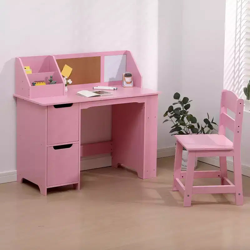 Juego de escritorio y silla para niños Mesa de estudio de madera con estante superior y tablón de anuncios para casa/escuela