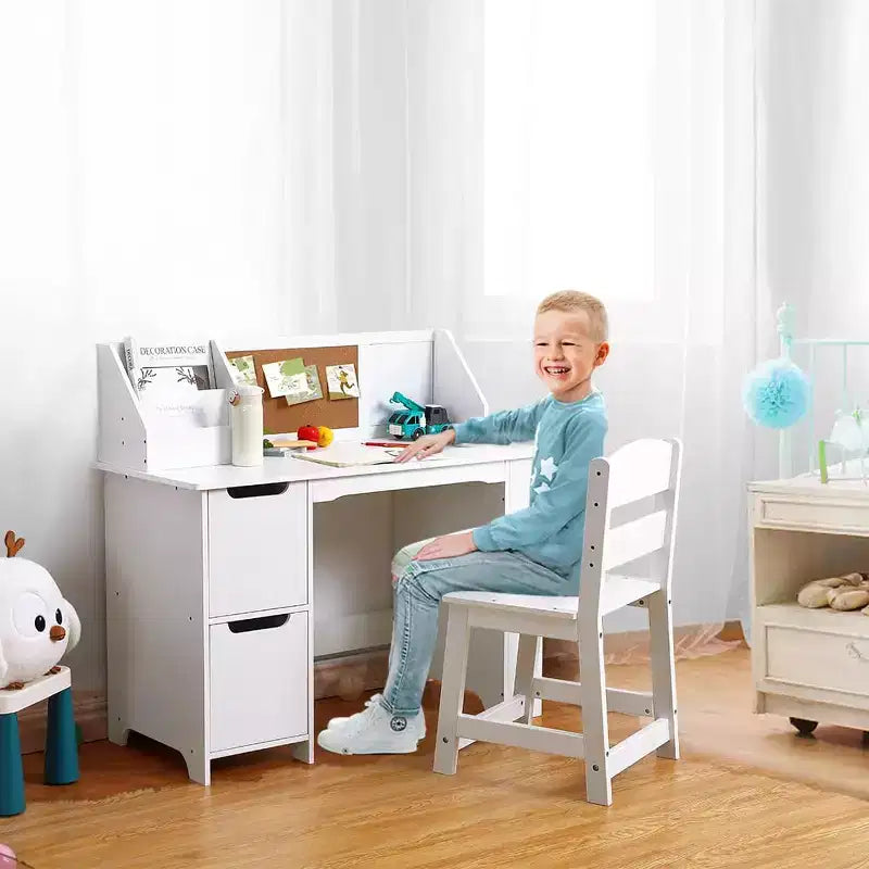 Juego de escritorio y silla para niños Mesa de estudio de madera con estante superior y tablón de anuncios para casa/escuela