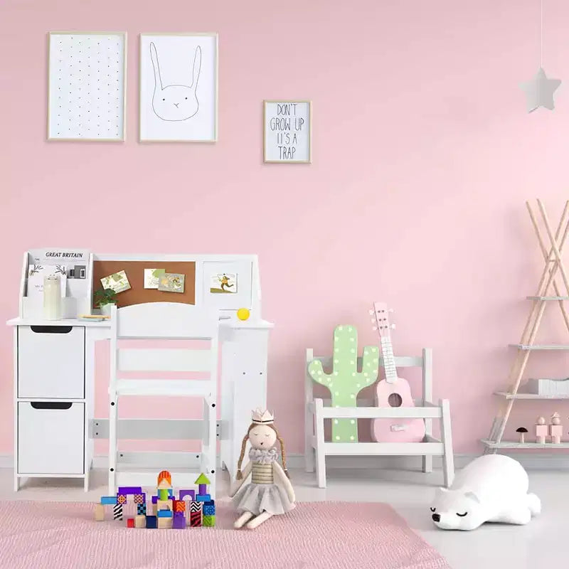 Juego de escritorio y silla para niños Mesa de estudio de madera con estante superior y tablón de anuncios para casa/escuela