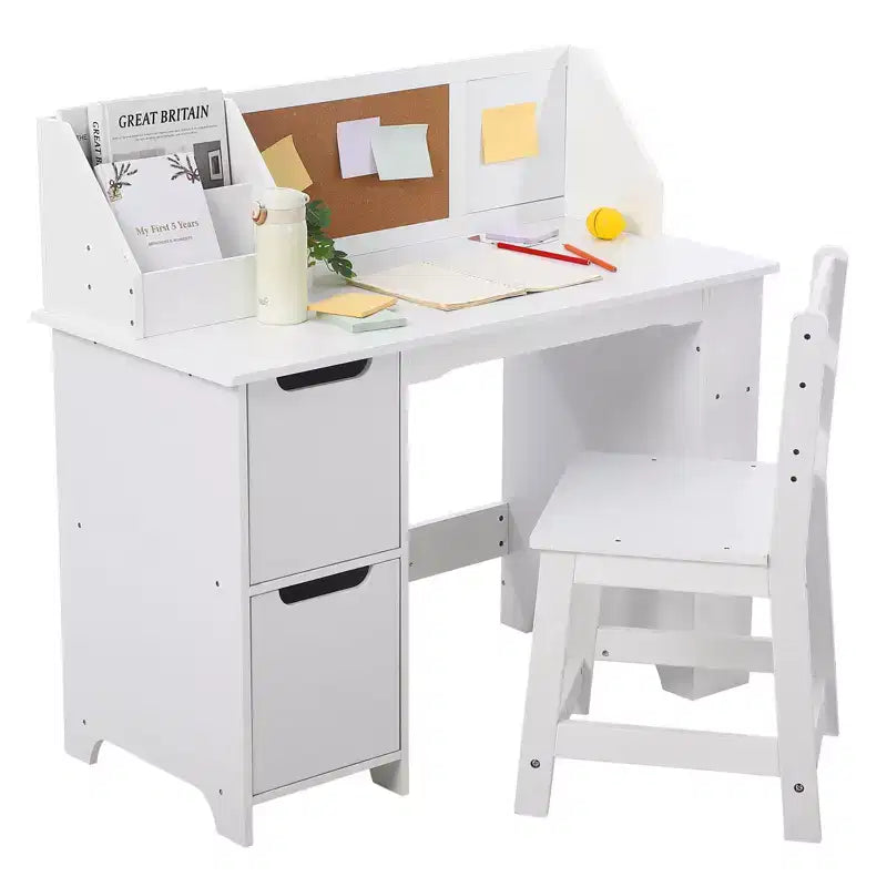 Juego de escritorio y silla para niños Mesa de estudio de madera con estante superior y tablón de anuncios para casa/escuela