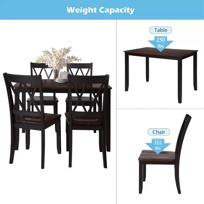 Juego de comedor de 5 piezas para 4 personas, juego de mesa de cocina rectangular de madera con 4 sillas, juego de comedor estilo rústico para cocina
