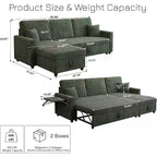 MooxvMoo 83 Sofá Cama Convertible con Almacenamiento y Puerto USB, Sofá en Forma de L 4 en 1 con Cama Extraíble, Mesa Lateral, Portavasos, Verde