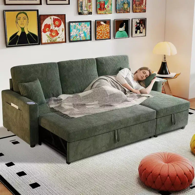 MooxvMoo 83 Sofá Cama Convertible con Almacenamiento y Puerto USB, Sofá en Forma de L 4 en 1 con Cama Extraíble, Mesa Lateral, Portavasos, Verde