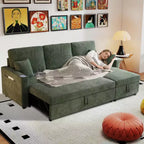 MooxvMoo 83 Sofá Cama Convertible con Almacenamiento y Puerto USB, Sofá en Forma de L 4 en 1 con Cama Extraíble, Mesa Lateral, Portavasos, Verde