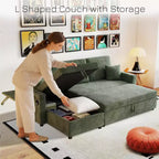 MooxvMoo 83 Sofá Cama Convertible con Almacenamiento y Puerto USB, Sofá en Forma de L 4 en 1 con Cama Extraíble, Mesa Lateral, Portavasos, Verde