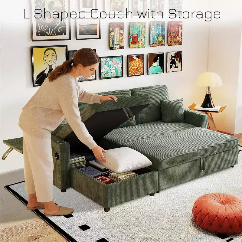 MooxvMoo 83 Sofá Cama Convertible con Almacenamiento y Puerto USB, Sofá en Forma de L 4 en 1 con Cama Extraíble, Mesa Lateral, Portavasos, Verde