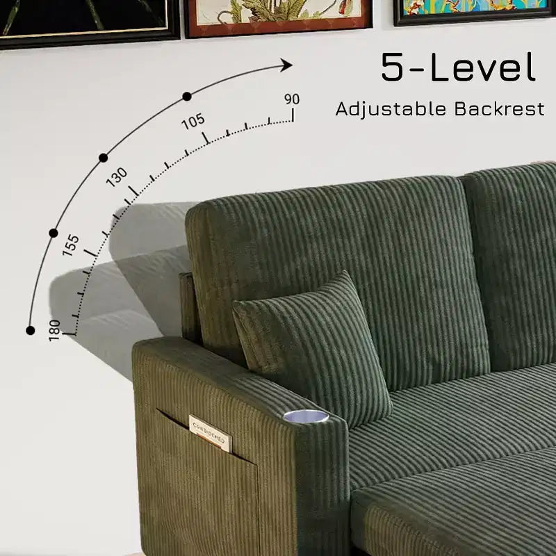MooxvMoo 83 Sofá Cama Convertible con Almacenamiento y Puerto USB, Sofá en Forma de L 4 en 1 con Cama Extraíble, Mesa Lateral, Portavasos, Verde