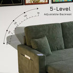 MooxvMoo 83 Sofá Cama Convertible con Almacenamiento y Puerto USB, Sofá en Forma de L 4 en 1 con Cama Extraíble, Mesa Lateral, Portavasos, Verde